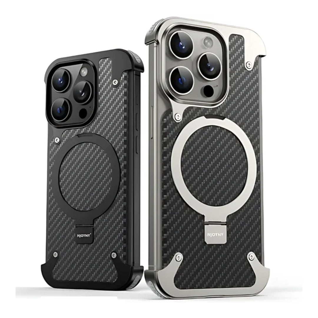 Magnetic Carbon Fiber Case for iPhones  – Slim, Frameless Design with Built-In Kickstand and Military-Grade Protection - Black