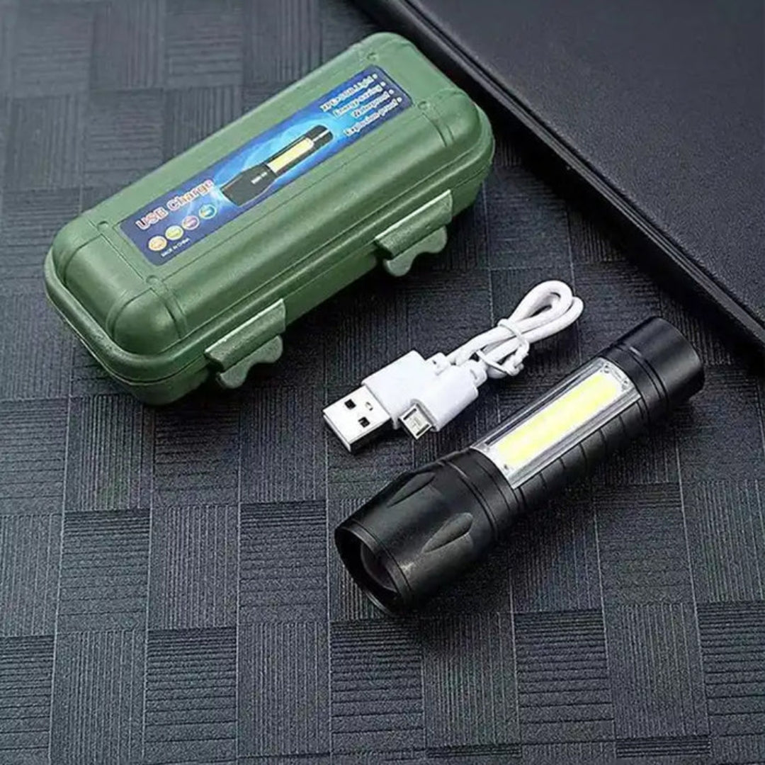 Mini Waterproof LED Flashlight with COB Light, USB Rechargeable, 3 Modes – Black