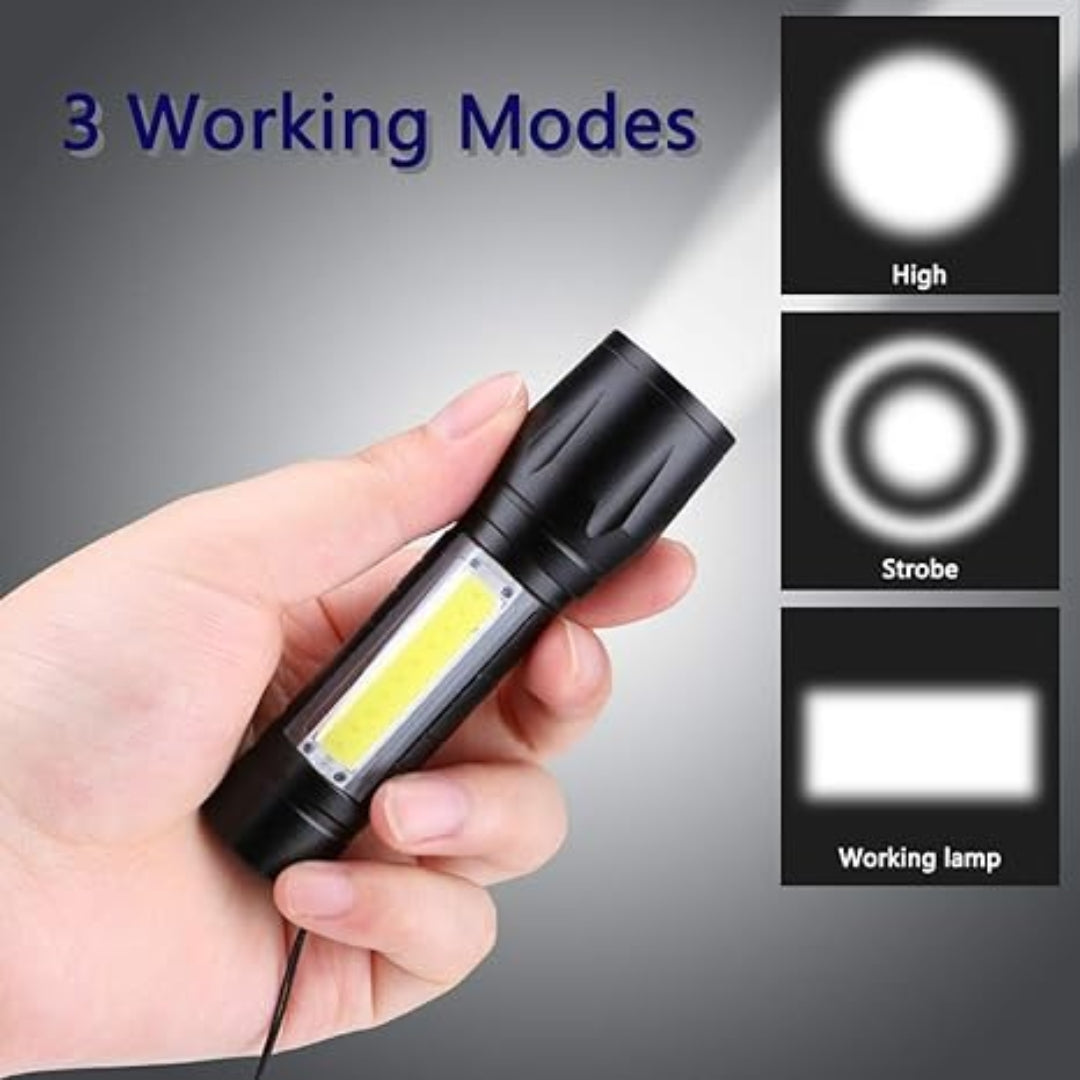 Mini Waterproof LED Flashlight with COB Light, USB Rechargeable, 3 Modes – Black