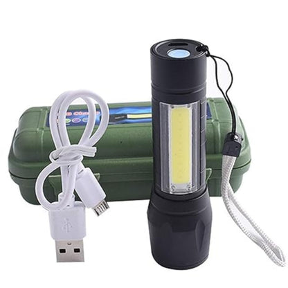 Mini Waterproof LED Flashlight with COB Light, USB Rechargeable, 3 Modes – Black