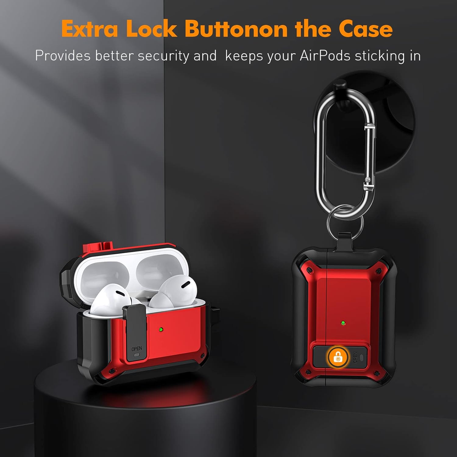 For AirPods Pro 2 Armor Shockproof Lock Case With Keychain