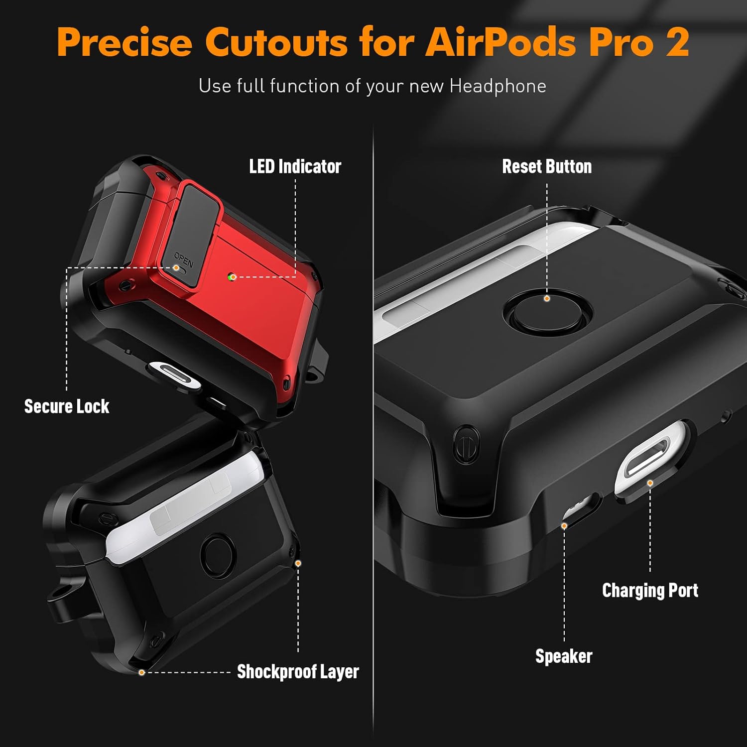 For AirPods Pro 2 Armor Shockproof Lock Case With Keychain