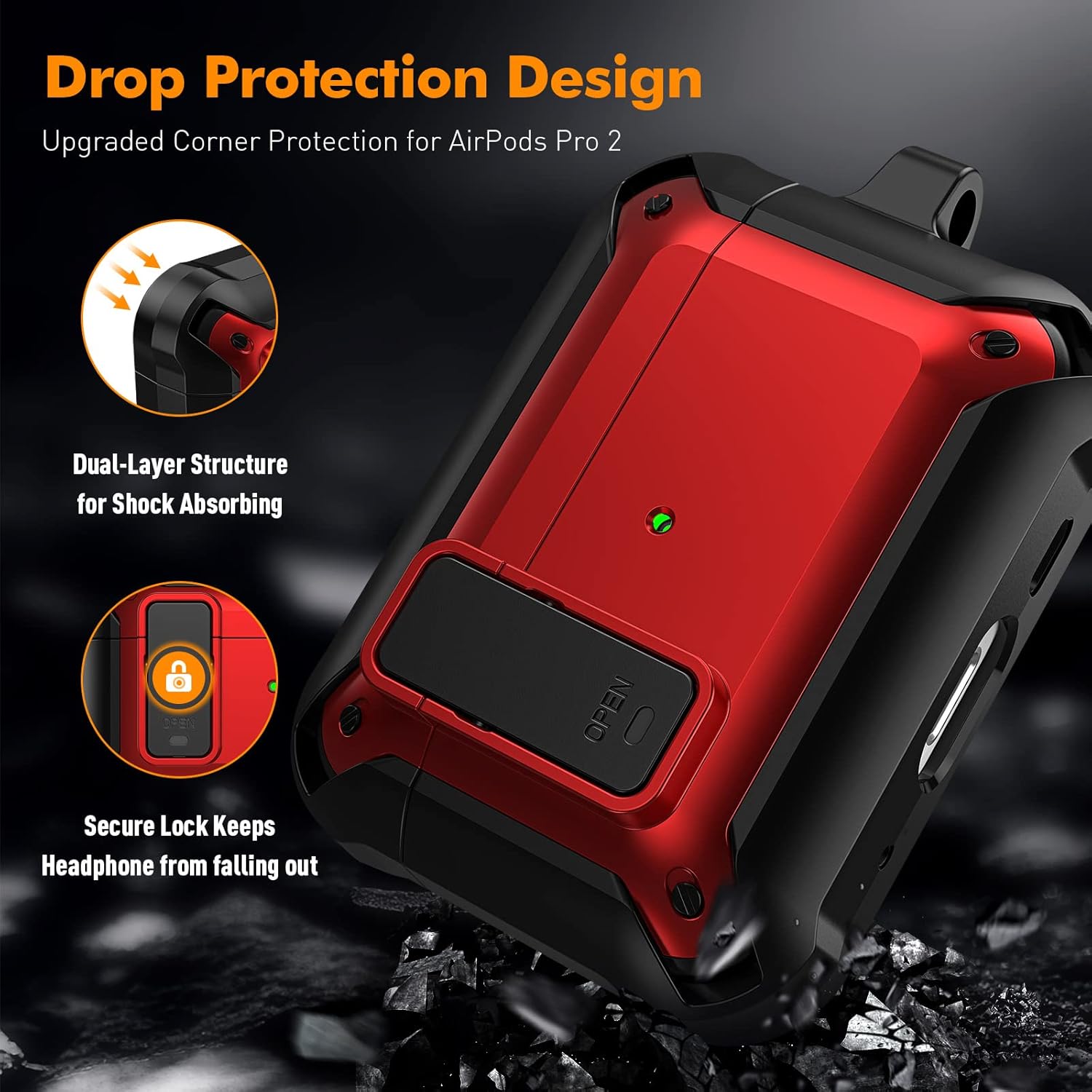 For AirPods Pro 2 Armor Shockproof Lock Case With Keychain