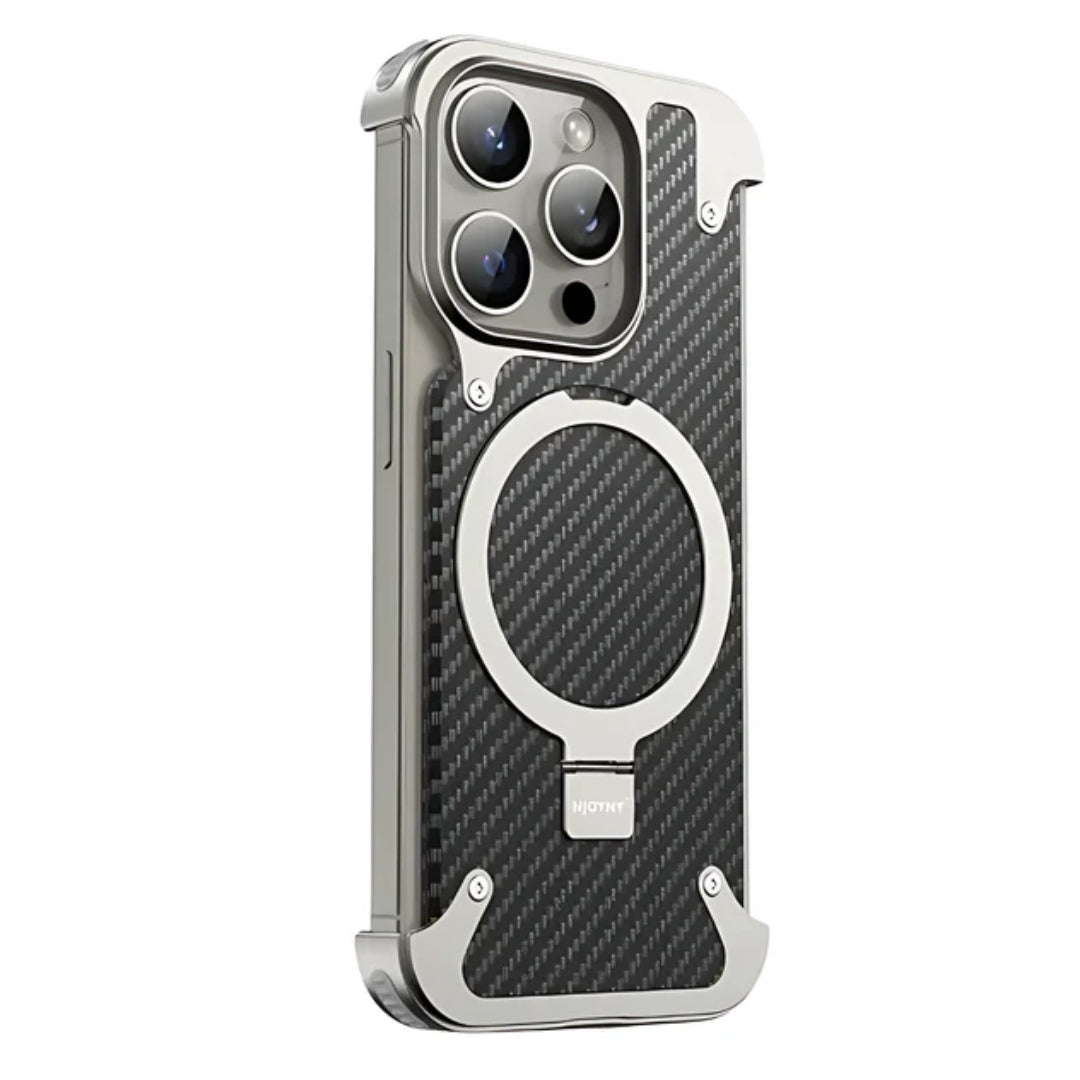 Magnetic Carbon Fiber Case for iPhones  – Slim, Frameless Design with Built-In Kickstand and Military-Grade Protection - Titanium