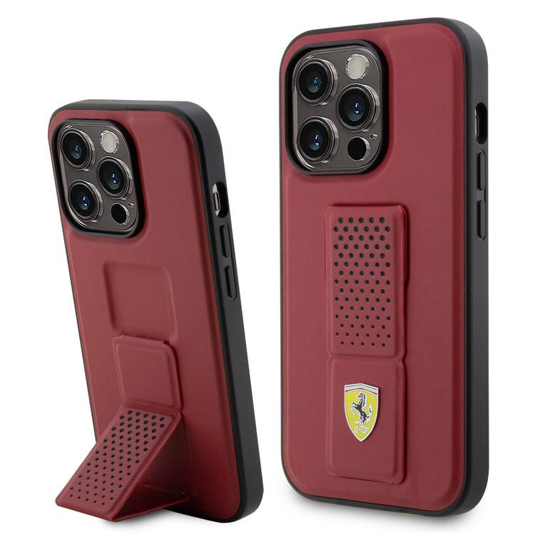 Ferrari Gripstand Case with Perforated Pattern for iPhone 15 Pro &amp; 15 Pro Max - Red