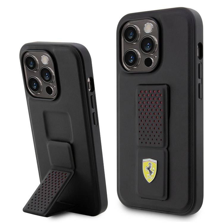 Ferrari Gripstand Case with Perforated Pattern for iPhone 15 Pro &amp; 15 Pro Max - Black