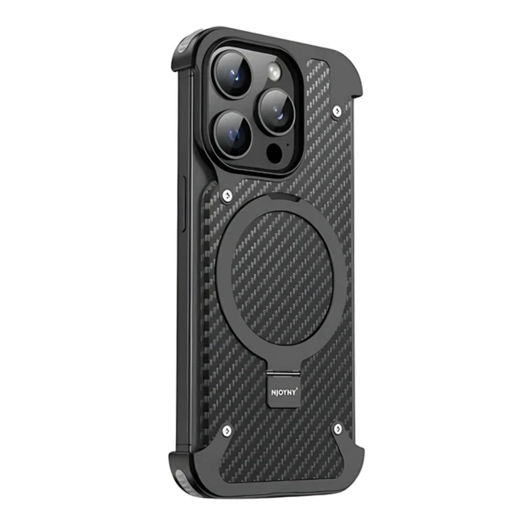 Magnetic Carbon Fiber Case for iPhones  – Slim, Frameless Design with Built-In Kickstand and Military-Grade Protection - Black