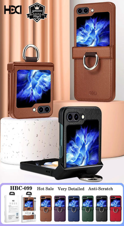 Samsung Galaxy Z Flip 5 and Flip 6 PU Leather Hinge Protection Metal Ring Case cover.